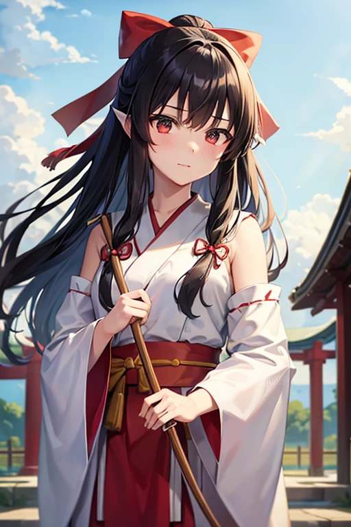 Shrine Maiden Who Draws a Bow,and bow,A shrine maiden who draws a bow facing the sky , black hair straight hair ,Sash