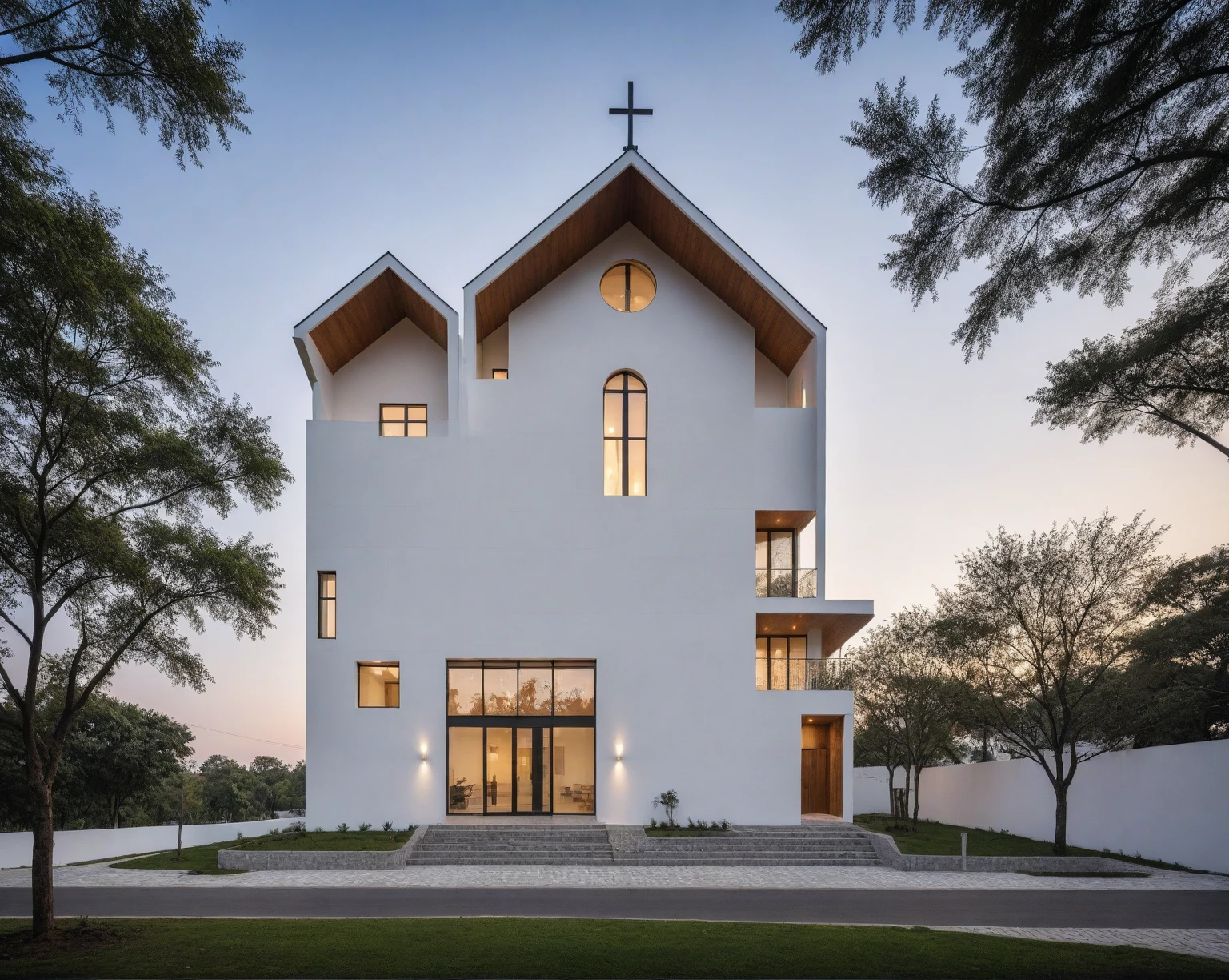 raw photo, best quality, ultra realistic, masterpiece, best quality skin, photography hd, dslr,
tcs, httlvn, modern church, road, people, house, facade design, outdoors, church, white walls, cross on top, curved shape building, 
Dusk, sunshine, 
View from a tree, dof view, 