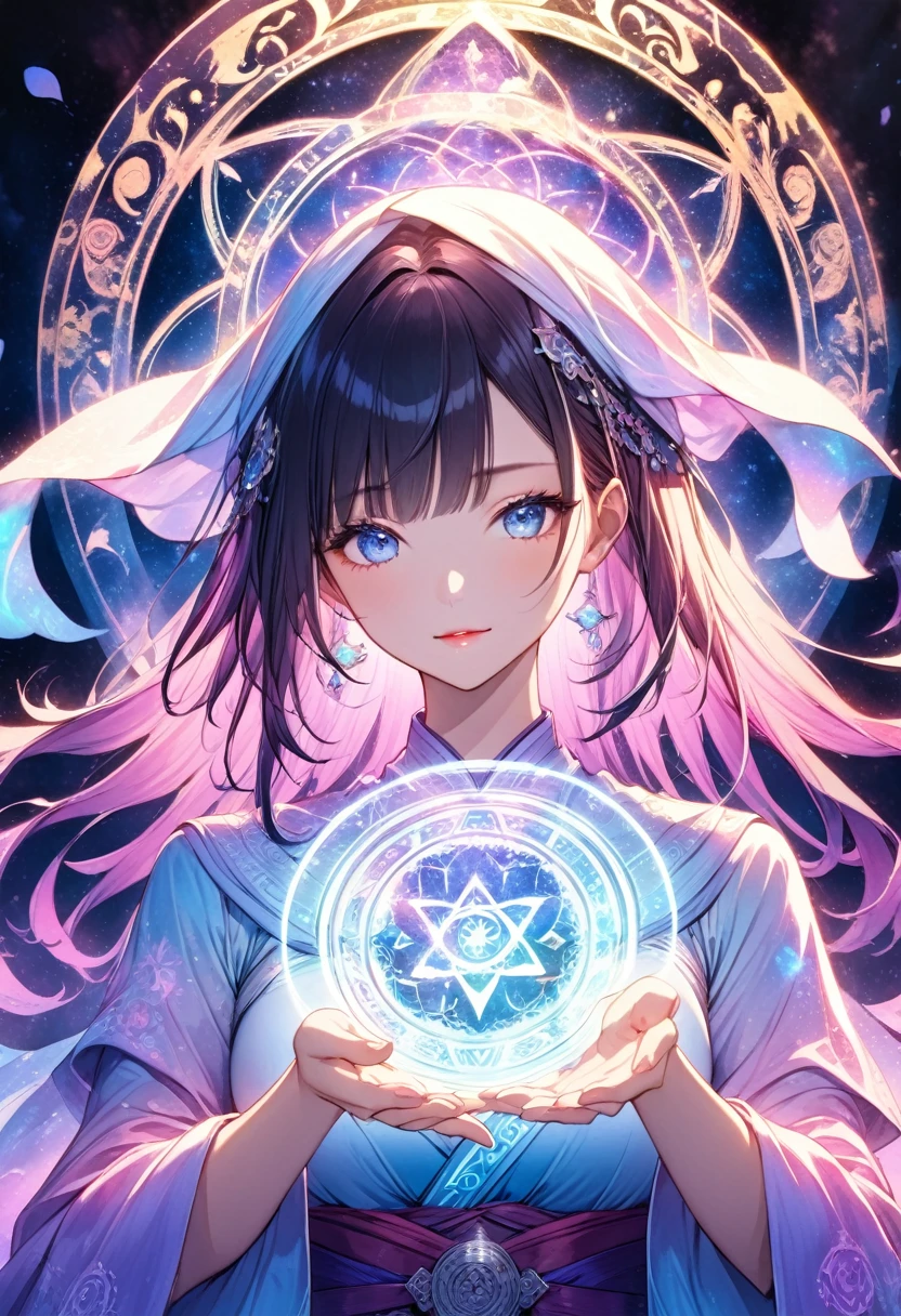 A watercolor-style anime illustration of a fortune teller drawing a glowing magic circle in the air, reading the future through its intricate symbols. The magic circle is composed of complex patterns and symbols, and as the fortune teller touches it, the symbols glow with radiant light. Her expression is calm, yet there is a sense of deep confidence and wisdom in her eyes, hinting at her mastery of the mystical arts. The background is dark, with faint stars and symbols glowing softly in the distance, creating a mystical atmosphere. The glowing light from the magic circle surrounds her, enveloping the space in a magical aura. The delicate design of the magic circle and the soft glow of the light are rendered in a watercolor style, giving the scene a dreamlike, ethereal quality. The fortune teller's composed posture reflects her strength and ability to see into the future."top-quality detail, big brest --ar 3:4 --stylize 300 --v 6.1