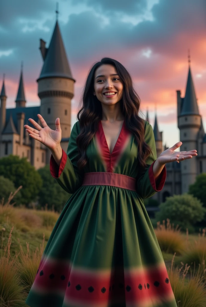 masterpiece photo of a dark-haired full-length woman with green eyes dressed in Hogwarts mage uniform actively says something while gesticulating, a cheerful facial expression, blush, interesting dynamic pose, against the background of college of magic, a rich blue-purple sky with clouds, a lot of vegetation, bright colors, intricate bizarre color combinations, colorful