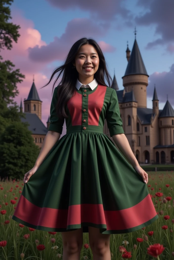 masterpiece photo of a dark-haired full-length woman with green eyes dressed in Hogwarts mage uniform actively says something while gesticulating, a cheerful facial expression, blush, interesting dynamic pose, against the background of college of magic, a rich blue-purple sky with clouds, a lot of vegetation, bright colors, intricate bizarre color combinations, colorful