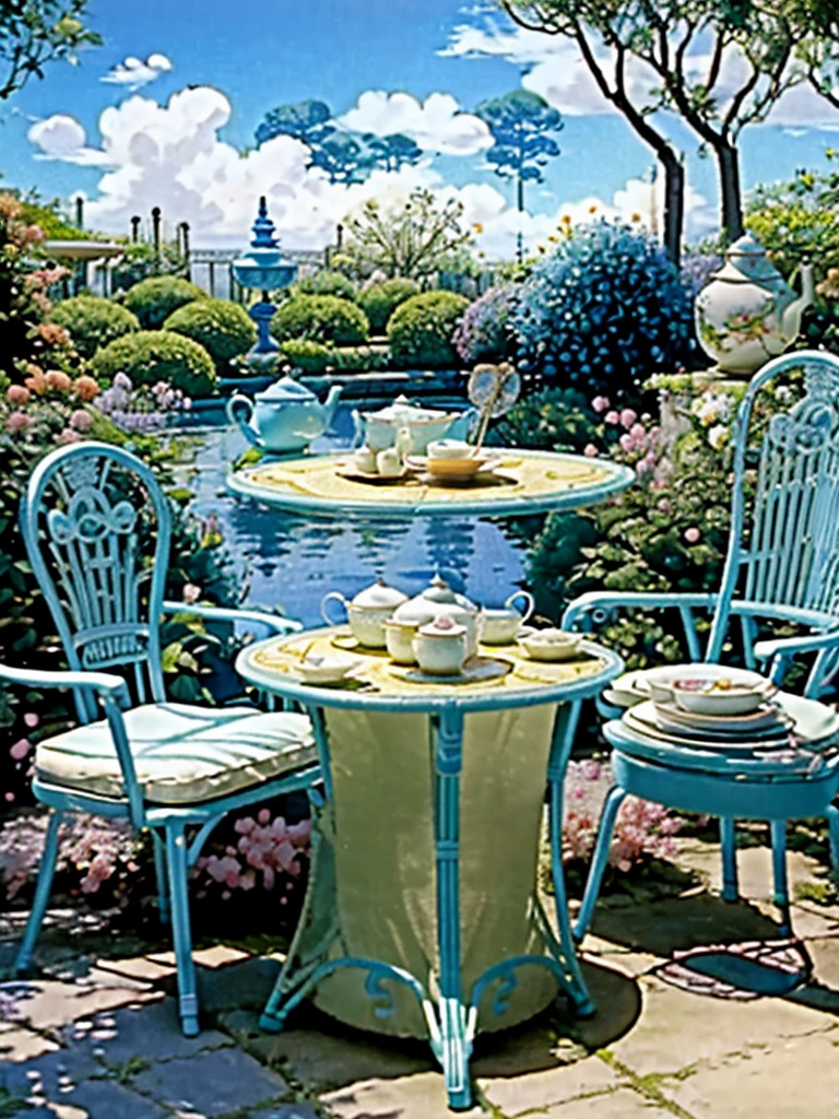 DVD screengrab from studio ghibli movie, (beautiful garden with a table chairs and tea set:1.4), clouds on blue sky, designed by Hayao Miyazaki, retro anime, street view