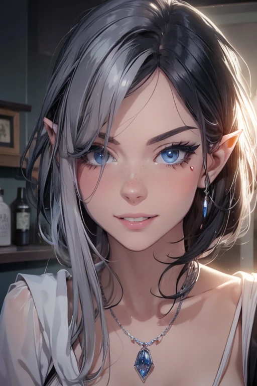 score_9, change background to fantasy roman city, standing pose, very small patches of silver scales on skin, long elf ears, black hair, revealing fantasy roman clothes, white clothes, sheer clothes, nudity, vivid blue eyes, smug smile, silver jewelry with sapphires, silver necklace with sapphires, beautiful face, beauty mark near eye, 4k, realistic, anime, masterpiece, flawless, high detail