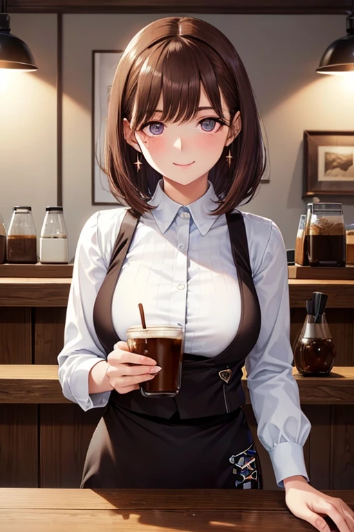 my grandmother、 shiny maroon hair ,  short hair, ( brown pretty eyes 、 Sparkling Eyes, Fine grain)、smile、 super detailed eyes、非常にDetailed face,  Highly detailed eyes , cowboy shot、(masterpiece,Best Quality), 1 adult female ,


Detailed face,shadow,8k,Female barista , 
(( retro relaxing coffee shop,  chic colored table ,  cold brew coffee brewing equipment )),
 black vest,  white shirt ,  tight black long pants ,  serves amber coffee , smile, 