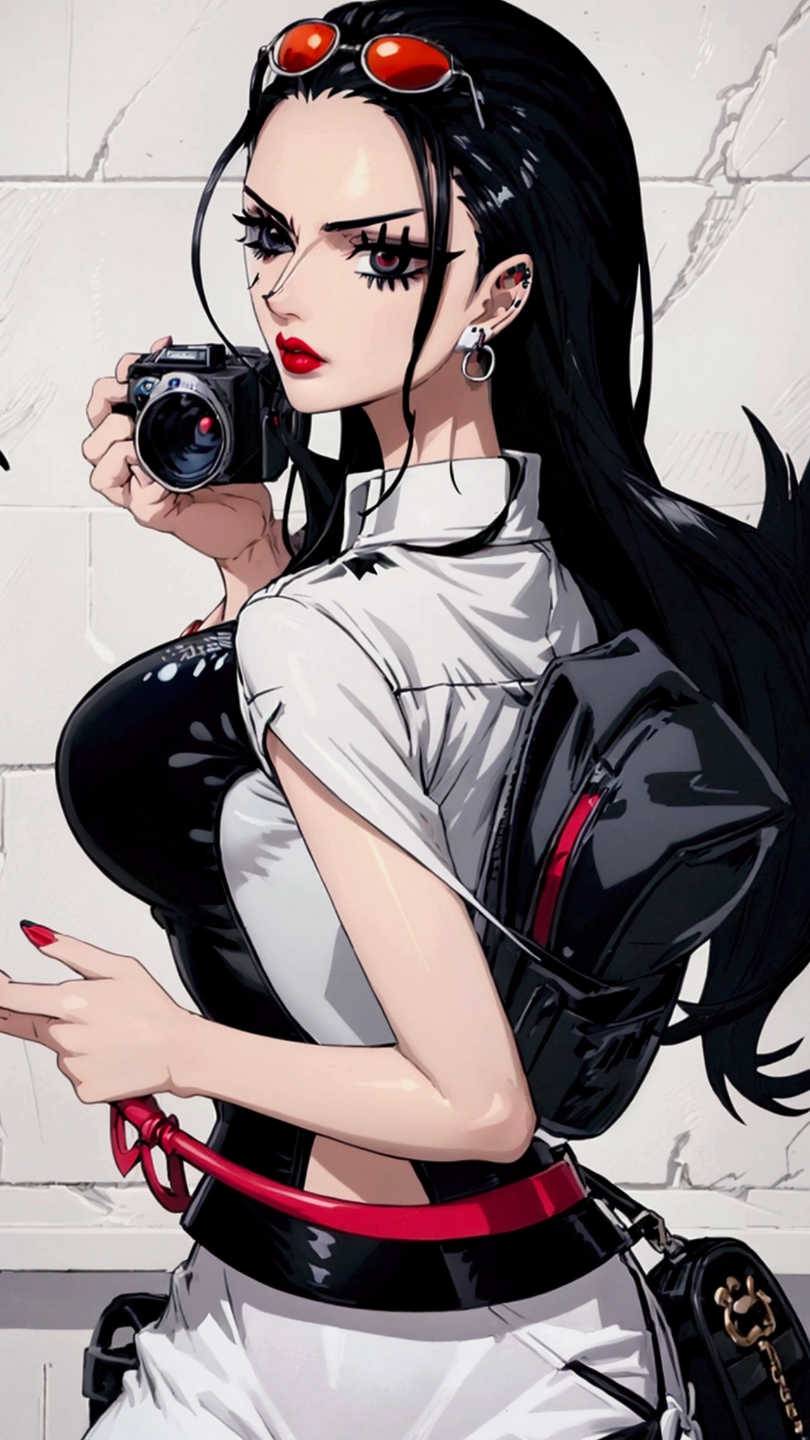 Nico Robin, black hair, blue eye,sunglasses on the head,top-quality、Top image quality、​masterpiece、Teenage girl((White shirt、Long black trousers、18year old、 Age、Best Bust、big bast,Black eyes, Black hair、A slender,Large valleys、red lipsticks、Black eyeshadow、Cute earrings、Silver Watch、sexypose、Bring your chest together、Stylish shoulder bag、modeled)),hiquality、Beautiful Art、Background with((white wall for photography、Multiple cameras、Shooting range))​masterpiece、depth of fields,Cinematic style