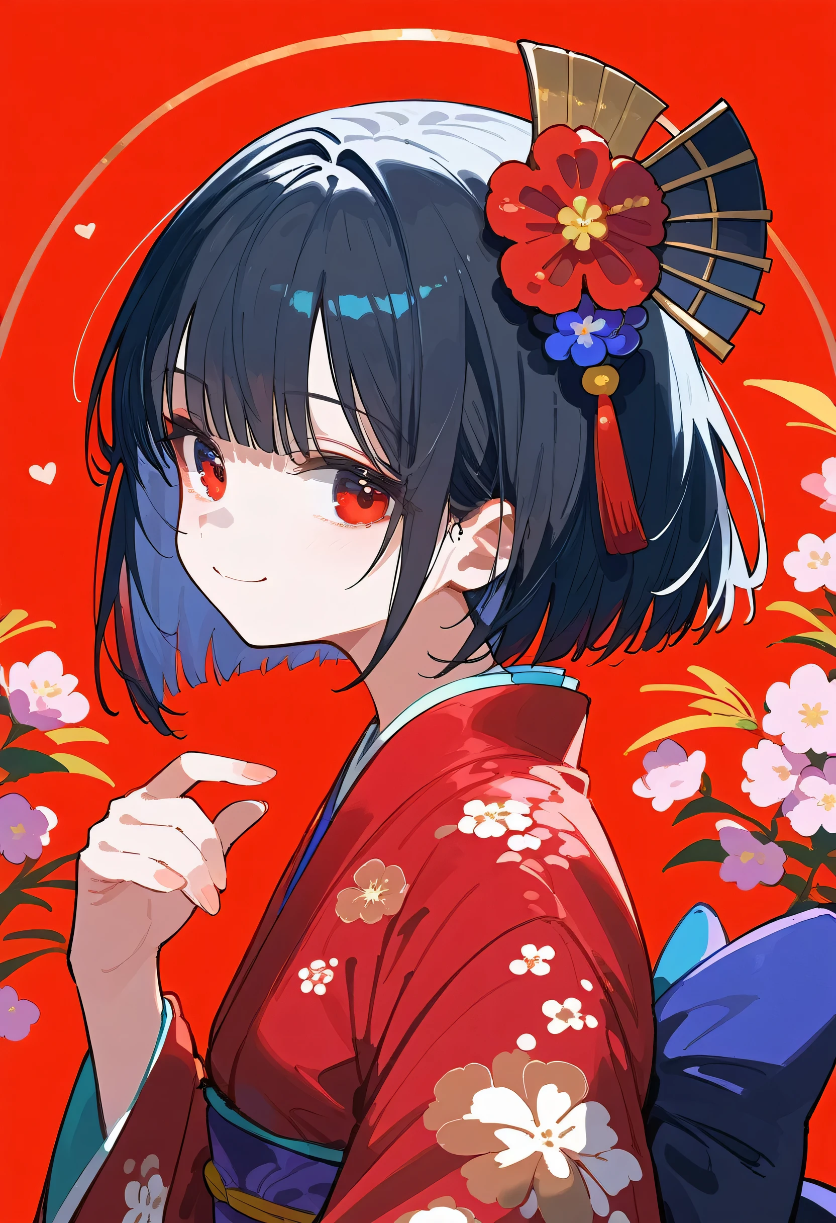 1 girl , score_9, score_8_up, score_7_up, Floral, , Closed Mouth, red kimono, from side, upper body, blunt end, Wide Sleeves , Japanese clothing, Hair Ornament, bob cut, staring at viewers , smile, standing , heart, flower, simple background, Long Sleeve , Red background, hand up, short bang , short hair, Red eyes, Looking to the side, Black Hair , sash, print kimono, Tilt your head, new year, hair flower, Alone, kimono, light smile,