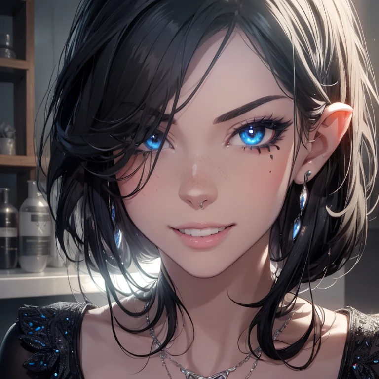 score_9, change background to fantasy roman city, standing pose, very small patches of silver scales on skin, long elf ears, (all black hair)1.5, revealing fantasy roman clothes, white clothes, sheer clothes, silver high heels with sapphire gems, nudity, vivid blue eyes, smug smile, silver jewelry with sapphires, silver necklace with sapphires, beautiful face, beauty mark near eye, 4k, realistic, anime, masterpiece, flawless, high detail