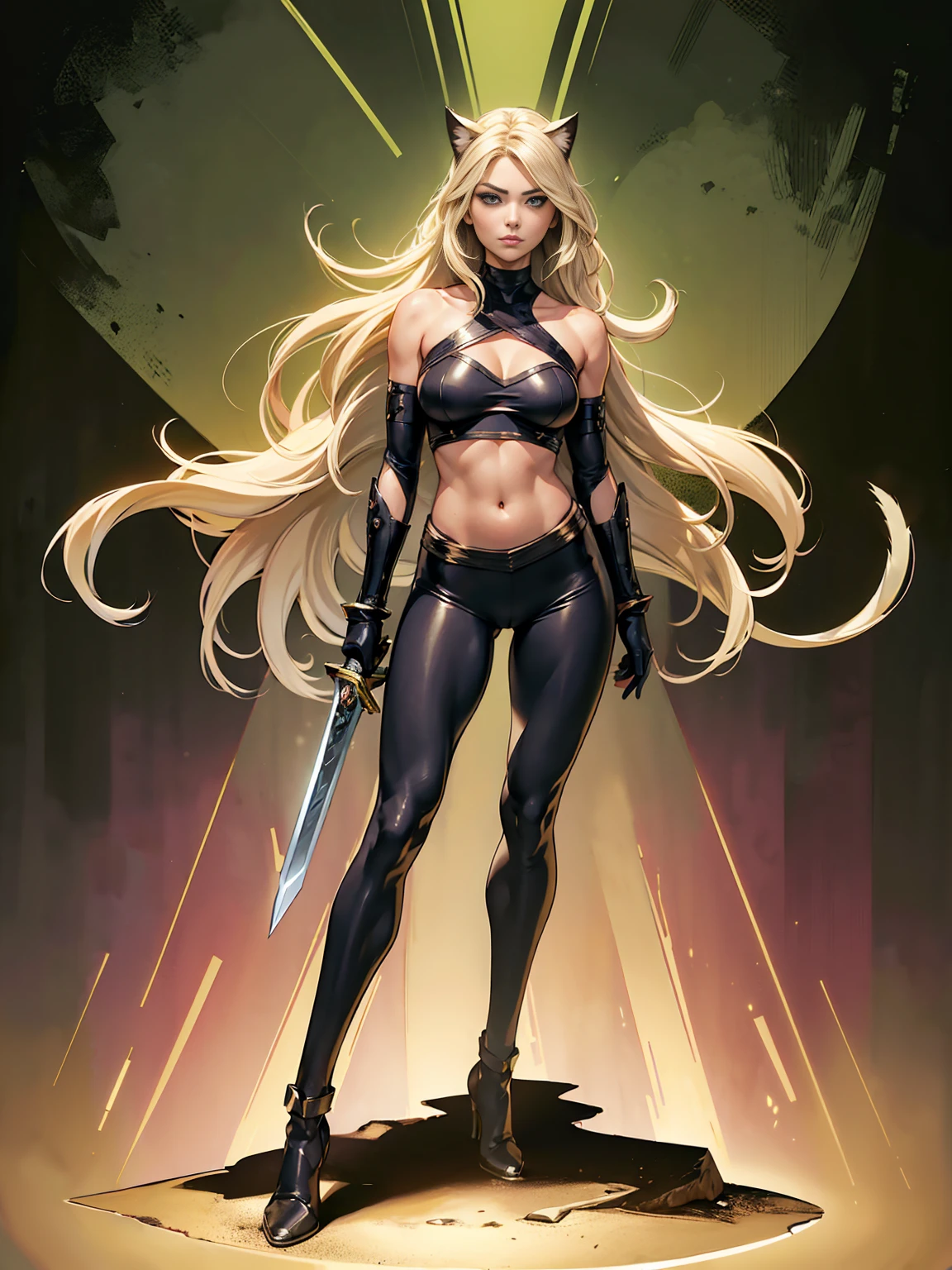 (((  full body photo  )))  kate austen, ,  girl with 3 pairs of arms ,   long blond hair  , flowing blonde hair, cat ears, green eyes,  in full body black armor with leggings,  masterpiece,  high quality , external heroine pose , with a sword in his hand, exposed shoulders, exposed navel, gloves,
.