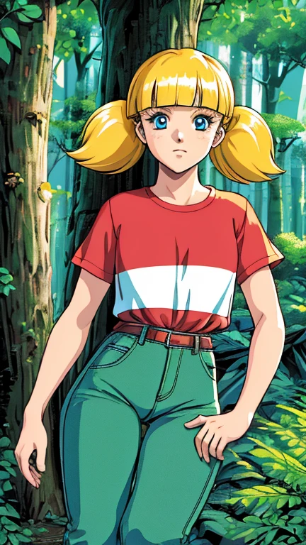 (1girl, Alone, penny), (extremely detailed CG unit 8k wallpaper),(master part), (best quality), (ultra detail), (best illustration),(retro artstyle), cowboy shot, (Sharp eyeliner, ombre, detailed eyes:1), forest, outdoors background, ,break, upper body, blonde hair, twintails, blunt bangs, blue eyes, red shirt, (white reinforced knee green pants),  looking at viewer, 