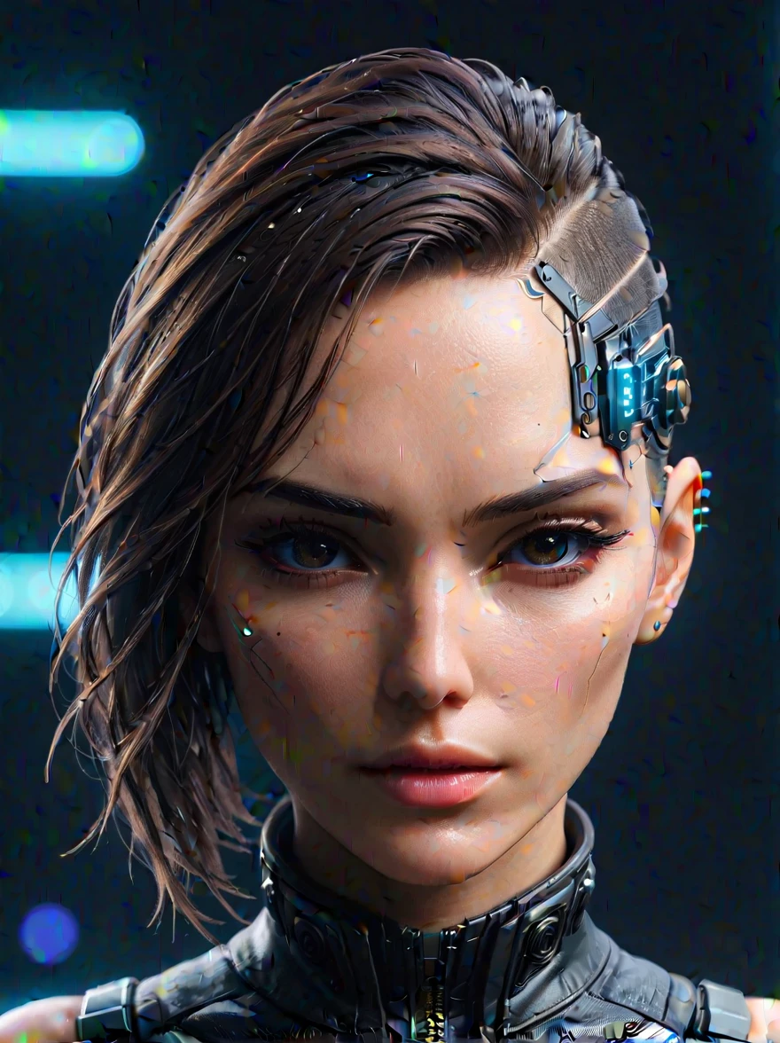 Passport-style portrait shot of a mysterious woman with brown hair, resembling (Gal Gadot:1.3). The focus is on her head and shoulders, with a neutral expression, facing directly forward. She is wearing a sleek, futuristic outfit with (glowing patterns:1.2) on the fabric. The background is simple and blurred with soft (neon lights:1.3), representing a minimalistic yet futuristic (cyberpunk atmosphere:1.3). The lighting is balanced and evenly distributed, illuminating her (face:1.3) clearly without harsh shadows. (Digital art:1.2), 4K, ultra-quality, intricate details, (cyberpunk:1.3), character portrait.