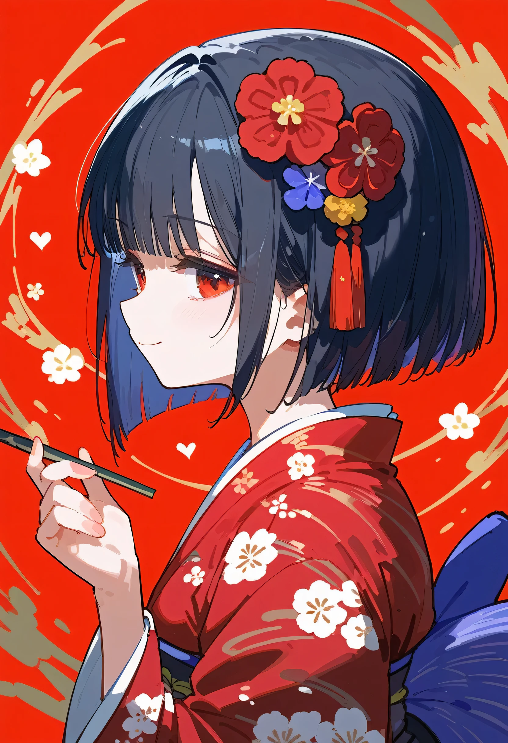 1 girl , score_9, score_8_up, score_7_up, Floral, , Closed Mouth, red kimono, from side, upper body, blunt end, Wide Sleeves , Japanese clothing, Hair Ornament, bob cut, staring at viewers , smile, standing , heart, flower, simple background, Long Sleeve , Red background, hand up, short bang , short hair, Red eyes, Looking to the side, Black Hair , sash, print kimono, Tilt your head, new year, hair flower, Alone, kimono, light smile,