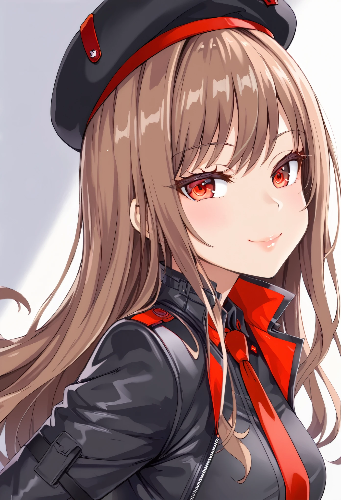 (超詳細なeye、詳細なface, super high definition、super high quality、eye),rapidef, red eyes, brown hair, long hair, bangs, beret, black jacket, cropped jacket, red necktie, gloves, black shirt,half-closed eye,Glossy lips,Rin々Shii,smile,side view、face、left