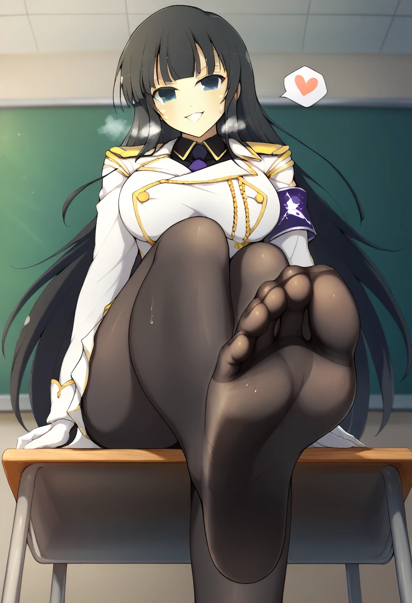 yaegashi nan, senran kagura, senran kagura burst, senran kagura new link, Ikaruga_XL, long black hair, blunt bangs, hime cut, dark blue eyes, large breasts,
Ikaruga_Shinobi, white military uniform, golden buttons, golden epaulettes, black shirt, purple tie, long sleeves, armband, white gloves, white pleated skirt, {{{black pantyhose}}}, classroom, Sitting at the school desk, Low Angle, Foot Focus, Perfect feet, Anatomically correct, kind smile, spoken heart, {{{vulgarity}}}, breath, heavy breathing, breathless, foot sweat, foot perspired, foot humid, looking down at viewer,