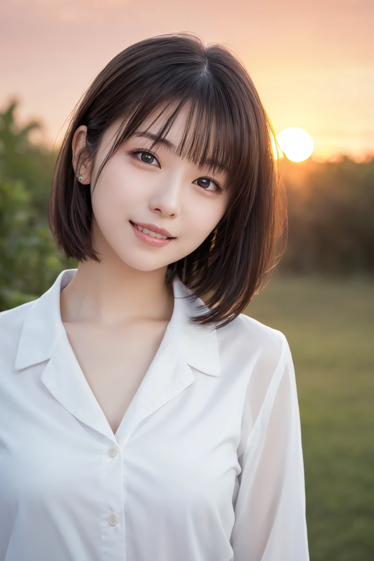 masterpiece, Best Quality, One Woman, (uniform、ribbon:1.2), 22 years old、(RAW Photos, Best Quality), (reality, Realistic:1.4), Clean look、Iris、 very detailed eyes and face ,  beautiful and detailed nose, beautiful eyes,  perfect anatomy,  black hair short hair、bangs、 Natural makeup 、 Glowing Skin, (Light on the cheeks) 、Mid-chest、A cool smile、( Sunset background:1.4),