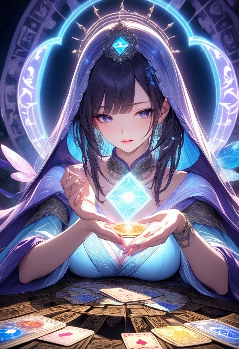 "An anime-style illustration of a fortune teller spreading out glowing tarot cards, carefully reading the destiny they reveal. The cards emit a soft, radiant light, and the symbols depicted on them appear to float in a three-dimensional, mystical way. The fortune teller arranges the cards with graceful precision, quietly foretelling the future. The background features a table with beautifully laid-out tarot cards, while behind her, the night sky glows with zodiac signs and astrological symbols. The light from the cards expands in a magical, ethereal way, casting a dreamlike atmosphere over the scene. The detailed floating symbols from the cards and the fortune teller's elegant hand movements emphasize the quiet wisdom and mysterious energy of the moment."top-quality detail, big brest --ar 3:4 --stylize 300 --v 6.1