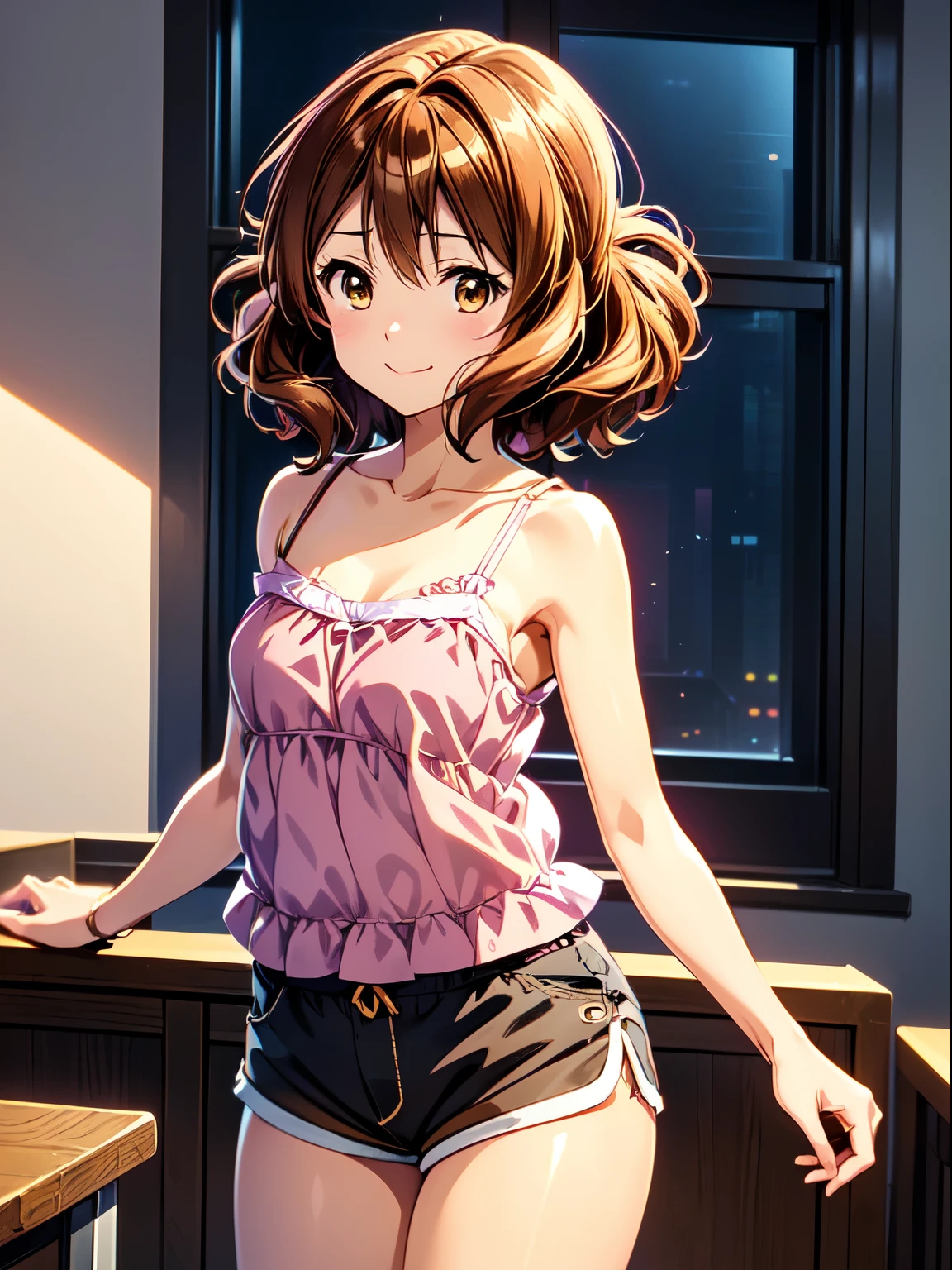 Best Quality,  super high definition, Maximum resolution,indoor、( anime illustration style:1.2),One Girl、Standing、smile、Kumiko Omae ,  short hair、Wavy Hair、 anime girl with brown hair and brown eyes,  ( camisole、 shorts:1.5), cowboy shot, Extremely detailed CG、 (Genuine、Realisticな、Realistic:1.2), Hands on chest