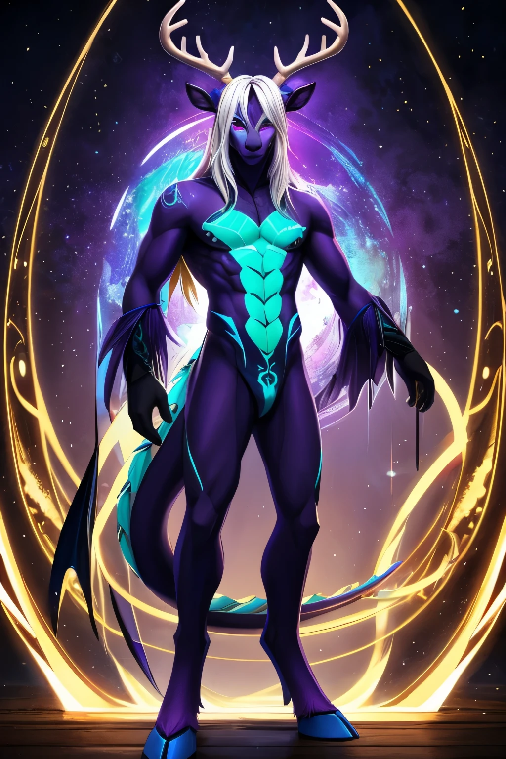 A slender anthropomorphic male creature, with a white fur. Covered with blue, green and purple scales on the body. digitigrade, deer hooves. A cat face with grey antlers. five eyes with different colors as blue, green, yellow, purples and red. Long white hair with a few yellow strands. Asian dragon moustache. Full body. Fullbody. 