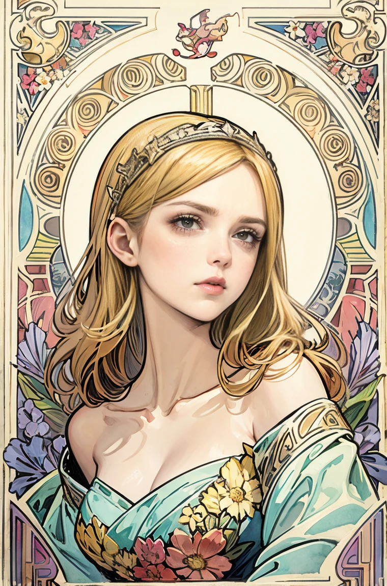 ((masterpiece)), (  best quality  ), ( Like in the movies),  Art Nouveau watercolor , Floral_    background  ,   Intricate designs and patterns in the style of Alphonse Mucha，  Altria Pendragon，destiny/Stay