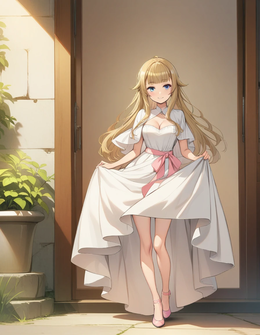 ((Best quality))),((Ultra-detailed)),((illustration)),((Disheveled hair)),((frilld)),(1 girl),(Solo),1girl,looking_at_viewer,solo,standing,rating:safe,blonde_hair,blue_eyes,breasts,capelet,cleavage,clothes_pull,clothing,dress,female,footwear,high_heels,long_hair,makaria,shoes,skirt,skirt_hold,skirt_lift,skirt_pull,smile,white_dress,pink_footwear,pink_shoes,