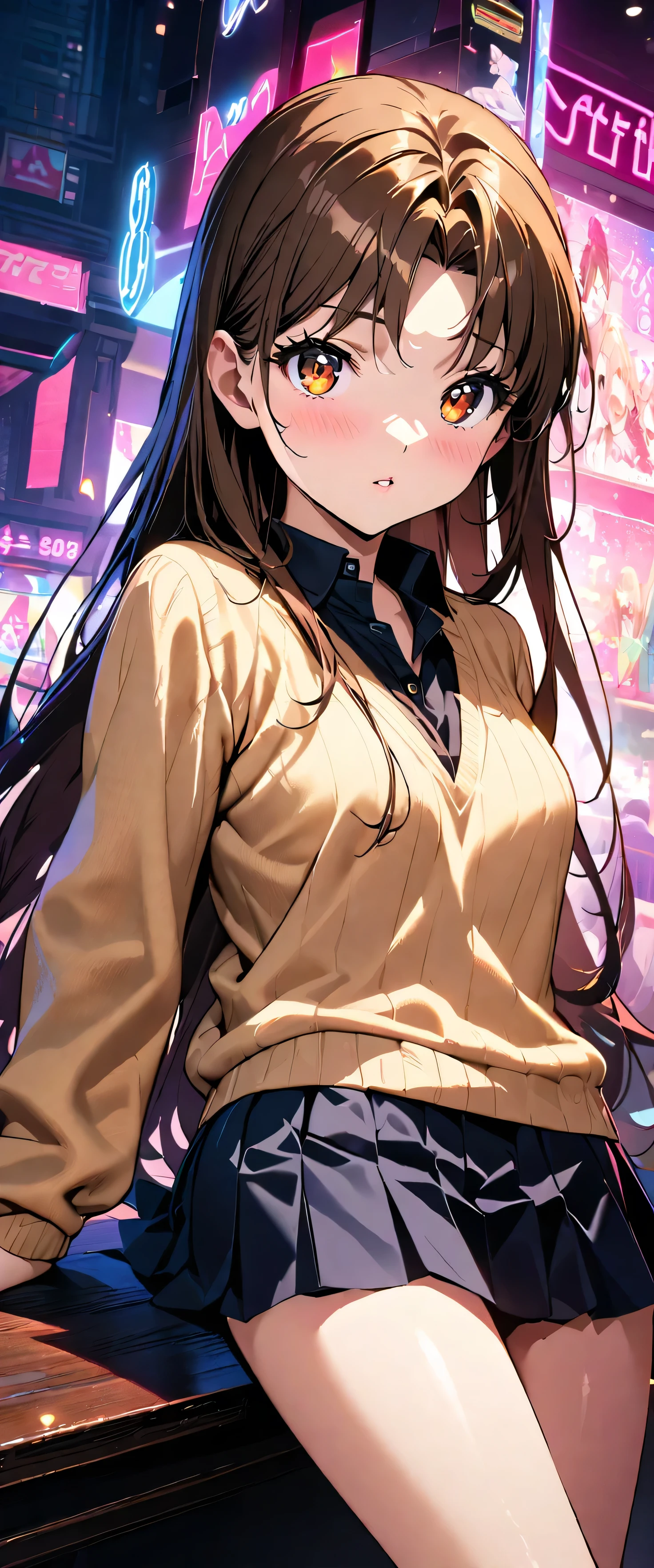 (beautiful girl:1.3),masterpiece,Please redeem,Ultra-high resolution,Rich contrast,Very high quality,8k,Highly detailed CG unit wallpaper,Texture,So ridiculous,RAW Photos,Highest quality anime,Depth of written boundary 1.2,ultra-detailed eyes,Glowing Skin,Glitter Effect,Beautiful glossy lips,yamada, 1girl, long hair, skirt, brown hair, brown eyes, school uniform, pleated skirt, sweater,score_9, score_8_up, score_7_up,