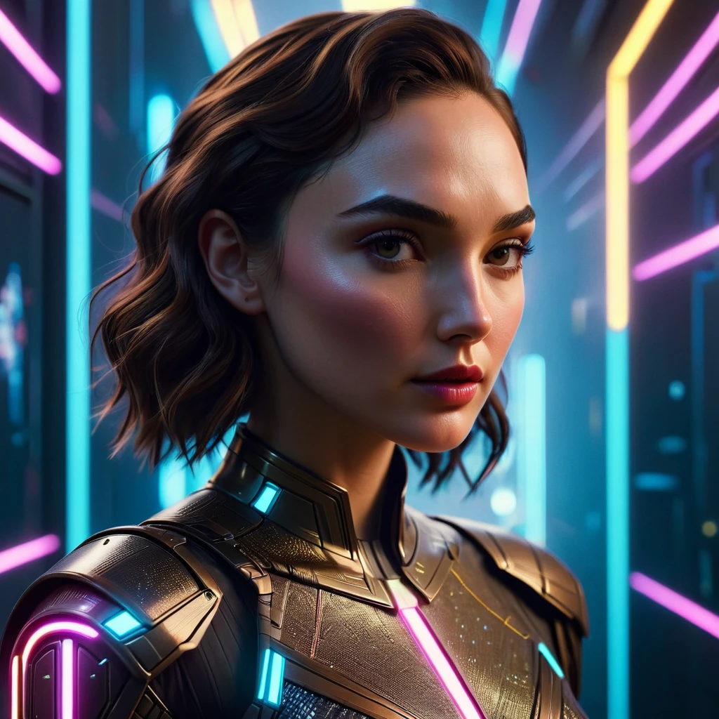 Passport-style portrait shot of a mysterious woman with brown hair, resembling (Gal Gadot:1.3). The focus is on her head and shoulders, with a neutral expression, facing directly forward. She is wearing a sleek, futuristic outfit with (glowing patterns:1.2) on the fabric. The background is simple and blurred with soft (neon lights:1.3), representing a minimalistic yet futuristic (cyberpunk atmosphere:1.3). The lighting is balanced and evenly distributed, illuminating her (face:1.3) clearly without harsh shadows. (Digital art:1.2), 4K, ultra-quality, intricate details, (cyberpunk:1.3), character portrait.