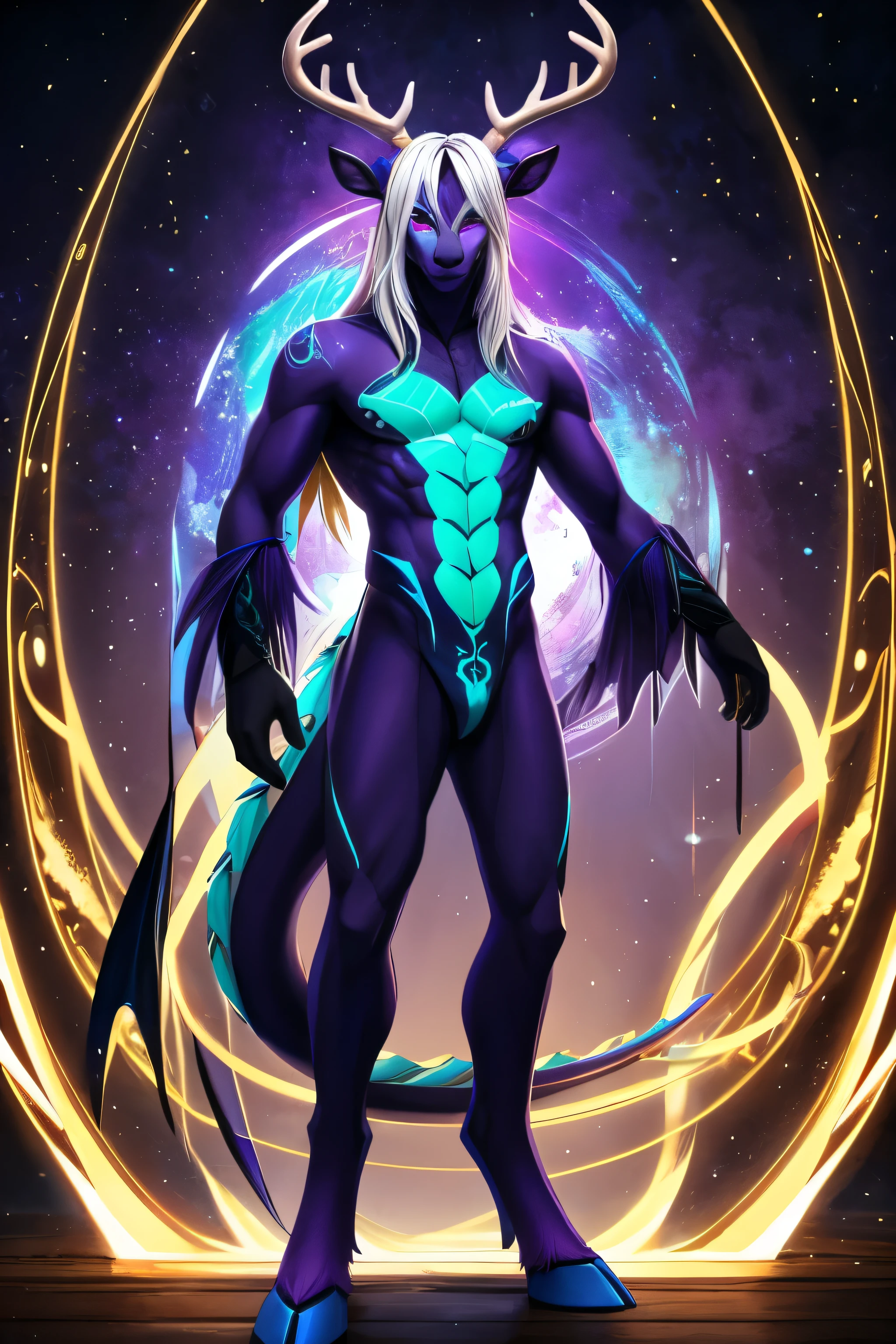 A slender anthropomorphic male creature, with a white fur. Covered with blue, green and purple scales on the body. digitigrade, deer hooves. A cat face with grey antlers. five eyes with different colors as blue, green, yellow, purples and red. Long white hair with a few yellow strands. Asian dragon moustache. Full body. Fullbody. 