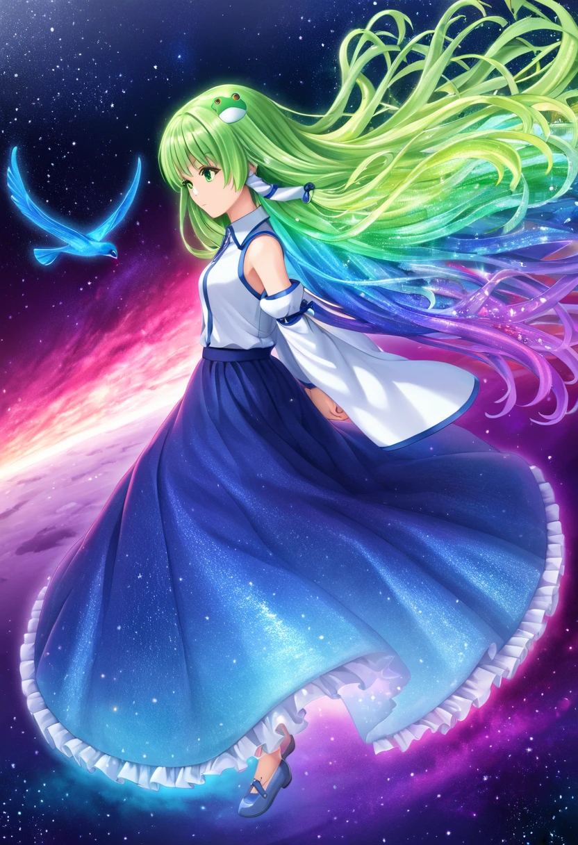 kochiya sanae, 1girl, green hair, long hair, green eyes, frog hair ornament, hair tubes, snake hair ornament, collared shirt, white shirt, detached sleeves, wide sleeves, blue skirt, frilled skirt, side view, bird's-eye view, from side, looking away, arms behind back, floating hair, full body, glowify, glowing body, glowing skin! Colorful Light, Very Shiny, Very Luminous, Very Colorful, Very Glowing, Darkness, Starry Stars Cloud Colorful, Colorful Glowing Body , Colorful Glowing Skin, Colorful Glowing Clothes, Hiori Light Art, Backlight,PEAnimeBG, Background, anime, scenery, sparkle, star \(symbol \), gl0w, glow, Abstract, centcontrapposto,insanely detailed,ultra highres,masterpiece,8K, super detailed skin, (detailed beautiful face and eyes),very detailed background,elaborately designed clothes,beautiful artwork, detailed eyes, detailed clothes, detailed body, detailed hands, detailed hair, sparkle, star \(symbol\),intricate details, kochiya sanae, 1girl, green hair, long hair, green eyes, frog hair ornament, hair tubes, snake hair ornament, collared shirt, white shirt, detached sleeves, wide sleeves, blue skirt, frilled skirt, side view, bird's-eye view, from side, looking away, arms behind back, floating hair, full body, glowify, glowing body, glowing skin! Colorful Light, Very Shiny, Very Luminous, Very Colorful, Very Glowing, Darkness, Starry Stars Cloud Colorful, Colorful Glowing Body , Colorful Glowing Skin, Colorful Glowing Clothes, Hiori Light Art, Backlight,PEAnimeBG, Background, anime, scenery, sparkle, star \(symbol \), gl0w, glow, Abstract, centcontrapposto,insanely detailed,ultra highres,masterpiece,8K, super detailed skin, (detailed beautiful face and eyes),very detailed background,elaborately designed clothes,beautiful artwork, detailed eyes, detailed clothes, detailed body, detailed hands, detailed hair, sparkle, star \(symbol\),intricate details, 