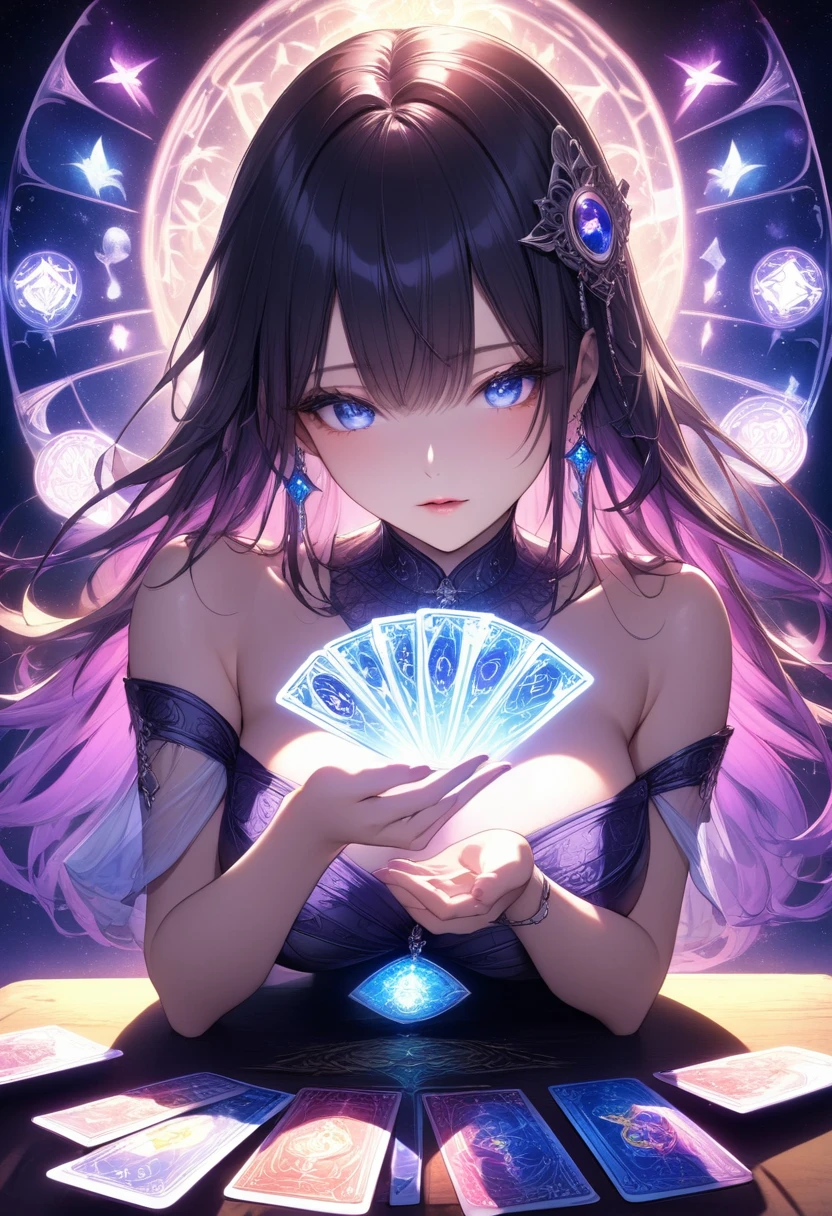 "An anime-style illustration of a fortune teller spreading out glowing tarot cards, carefully reading the destiny they reveal. The cards emit a soft, radiant light, and the symbols depicted on them appear to float in a three-dimensional, mystical way. The fortune teller arranges the cards with graceful precision, quietly foretelling the future. The background features a table with beautifully laid-out tarot cards, while behind her, the night sky glows with zodiac signs and astrological symbols. The light from the cards expands in a magical, ethereal way, casting a dreamlike atmosphere over the scene. The detailed floating symbols from the cards and the fortune teller's elegant hand movements emphasize the quiet wisdom and mysterious energy of the moment."top-quality detail, big brest,perfect eyes, elegant  woman, large breast, curvaceous,  --ar 3:4 --stylize 300 --v 6.1