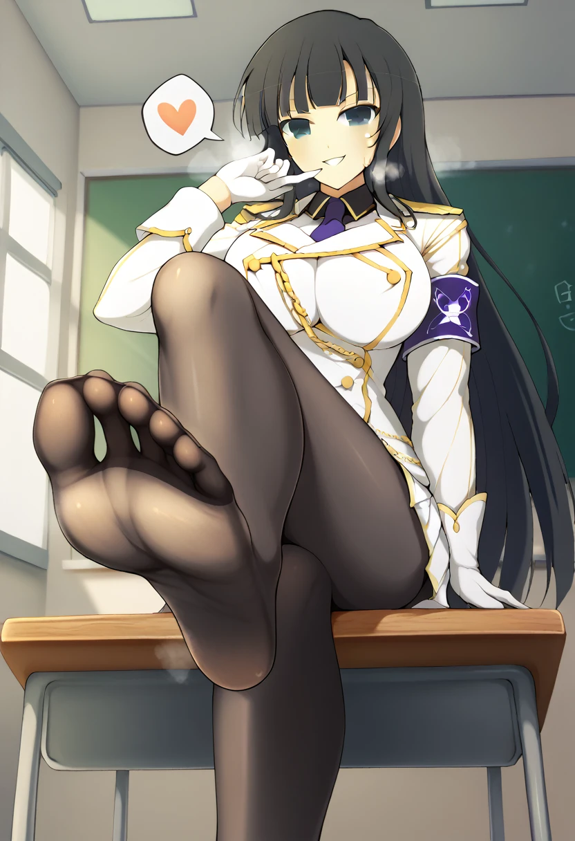 yaegashi nan, senran kagura, senran kagura burst, senran kagura new link, Ikaruga_XL, long black hair, blunt bangs, hime cut, dark blue eyes, large breasts,
Ikaruga_Shinobi, white military uniform, golden buttons, golden epaulettes, black shirt, purple tie, long sleeves, armband, white gloves, white pleated skirt, {{{black pantyhose}}}, classroom, Sitting at the school desk, Low Angle, Foot Focus, Perfect feet, Anatomically correct, kind smile, spoken heart, {{{vulgarity}}}, breath, heavy breathing, breathless, foot sweat, foot perspired, foot humid, looking down at viewer,