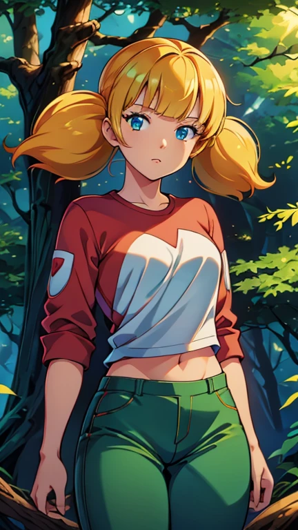 (1girl, Alone, penny), (extremely detailed CG unit 8k wallpaper),(master part), (best quality), (ultra detail), (best illustration),(RetroAnime Style), cowboy shot, (Sharp eyeliner, ombre, detailed eyes:1), forest, outdoors background, ,break, upper body, blonde hair, twintails, blunt bangs, blue eyes, red shirt, (white reinforced knee green pants),  looking at viewer, 