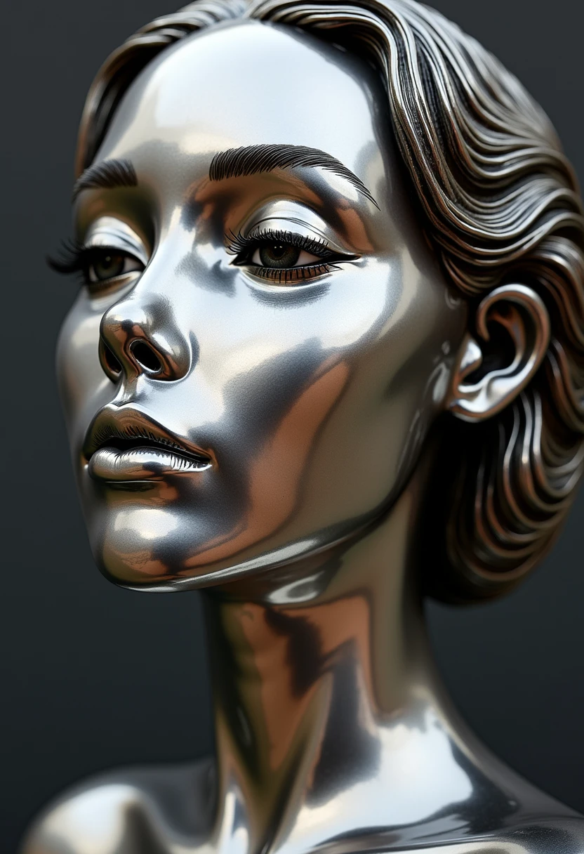 A shinny Stainless steel statue of a beautiful woman with delicate feminine traits, close up portrait, the eyes balls and teeth are made of stainless steel