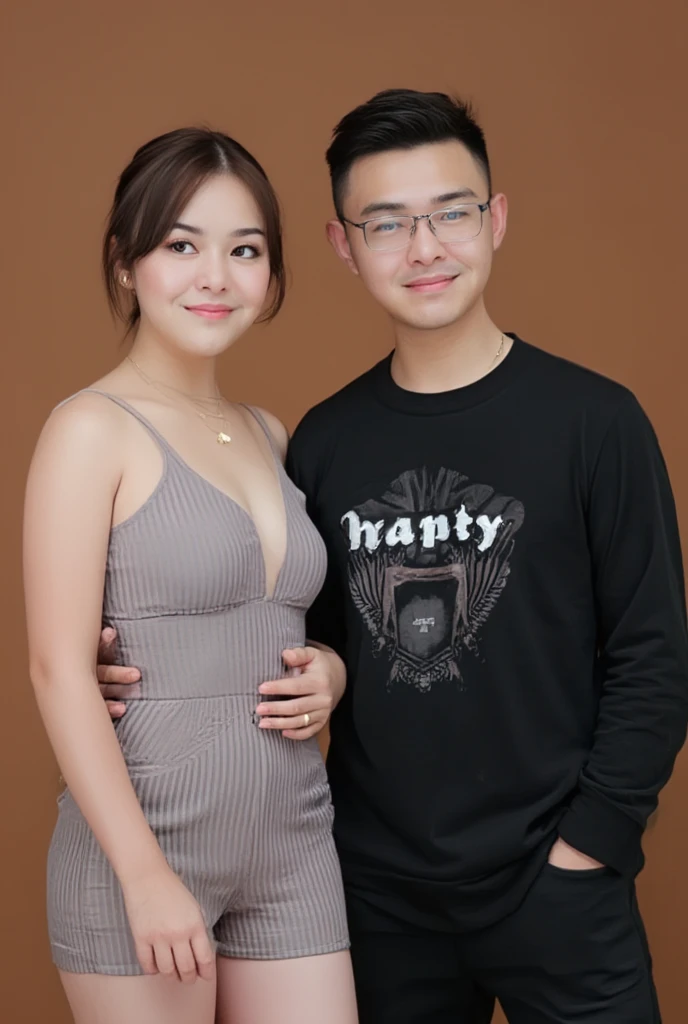 Realistic photography, Couple, She is wearing mini dress with a petite body, brown hair with brown eyes, clear skin, He has straight hair combed upwards and small rectangular glasses and a wide nose and a sweatshirt and black pants.