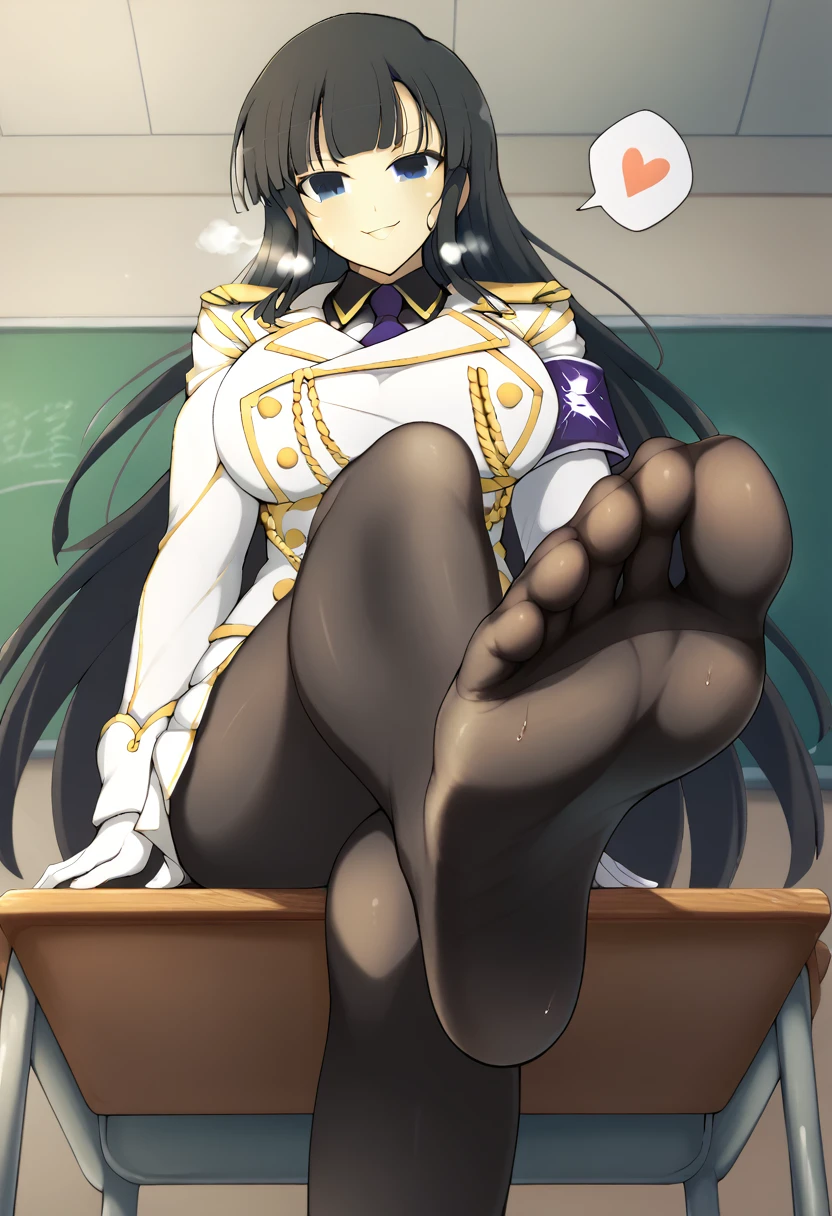 yaegashi nan, senran kagura, senran kagura burst, senran kagura new link, Ikaruga_XL, long black hair, blunt bangs, hime cut, dark blue eyes, large breasts,
Ikaruga_Shinobi, white military uniform, golden buttons, golden epaulettes, black shirt, purple tie, long sleeves, armband, white gloves, white pleated skirt, {{{black pantyhose}}}, classroom, Sitting at the school desk, Low Angle, Foot Focus, Perfect feet, Anatomically correct, kind smile, spoken heart, {{{vulgarity}}}, breath, heavy breathing, breathless, foot sweat, foot perspired, foot humid, looking down at viewer,