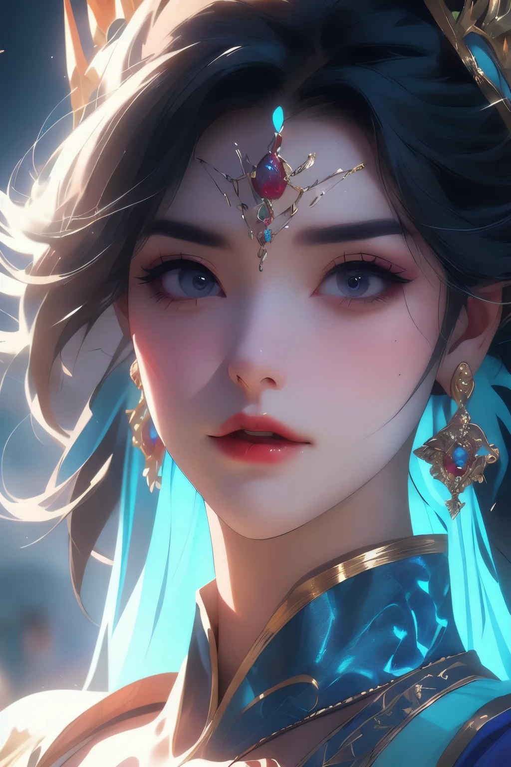 ((best quality)), ((masterpiece)), (detailed), close-up, person wearing costume, (Behance contest winner:1.2), fantasy art, crown of giant rubies, 3D goddess portrait, style of Ross Tran, captivating lighting, 8k resolution, striking facial expression, (elaborate costume details:1.3), vibrant colors, powerful presence, (ethereal glow:1.1)