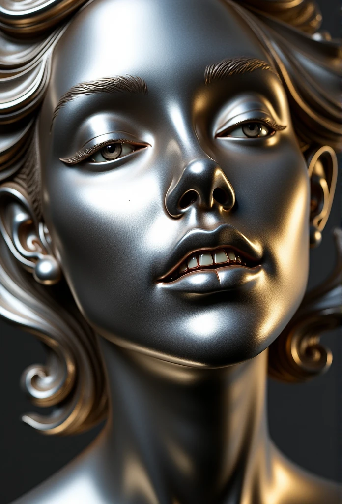 A shinny Stainless steel statue of a beautiful woman with delicate feminine traits, close up portrait, the eyes balls and teeth are made of stainless steel