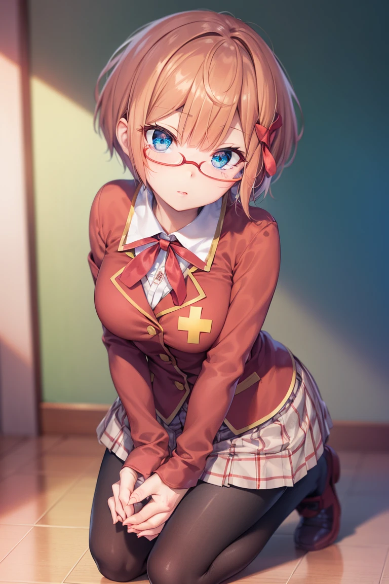 Ogataris, Liz Ogata,  blue eyes , Glasses,  Hair Ribbon , Red ribbon, Red-rimmed glasses,  short hair,  Orange Hair ,
break long sleeves, , skirt, pantyhose,
break looking at viewer, standing , Leaning forward,  cross your arms behind your back,
break indoors, classroom,
break (masterpiece:1.2),  best quality ,  Kampala,   unity 8k Wallpaper  , (Illustration:0.8), (  Beautiful Detailed Eyes Kneeling with Hands Tied :1.6),  extremely delicate face, perfect lighting,   very detailed CG, (Perfect hands,  perfect anatomy),