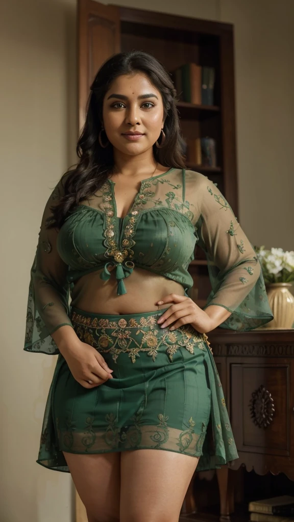 A woman round neck women blouse and saree, angle face,fair face,round face, beautiful face,big cheeks, curvy, hourglass figure, swooping breasts, deep cleavage, open arms, sexy armpits,big penis, nipples, ass, necklace, (cinematic:1.3),a woman in a green blouse and white pants, an elegant green, ( ( dark green, jade green, dark green, satin, very beautiful enga style, green clothes, fancy top, aurora green, green shirt, green clothing, wearing a blouse, lace, traditional beauty, ornate dark green clothing, beautiful design, silk, deep green, olive green, #green
