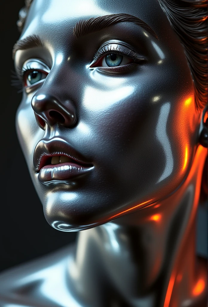 A shinny Stainless steel statue of a beautiful woman with delicate feminine traits, close up portrait, the eyes balls and teeth are made of stainless steel, the statue has reflections of line lights of different colors, dynamic escene, cinematic 