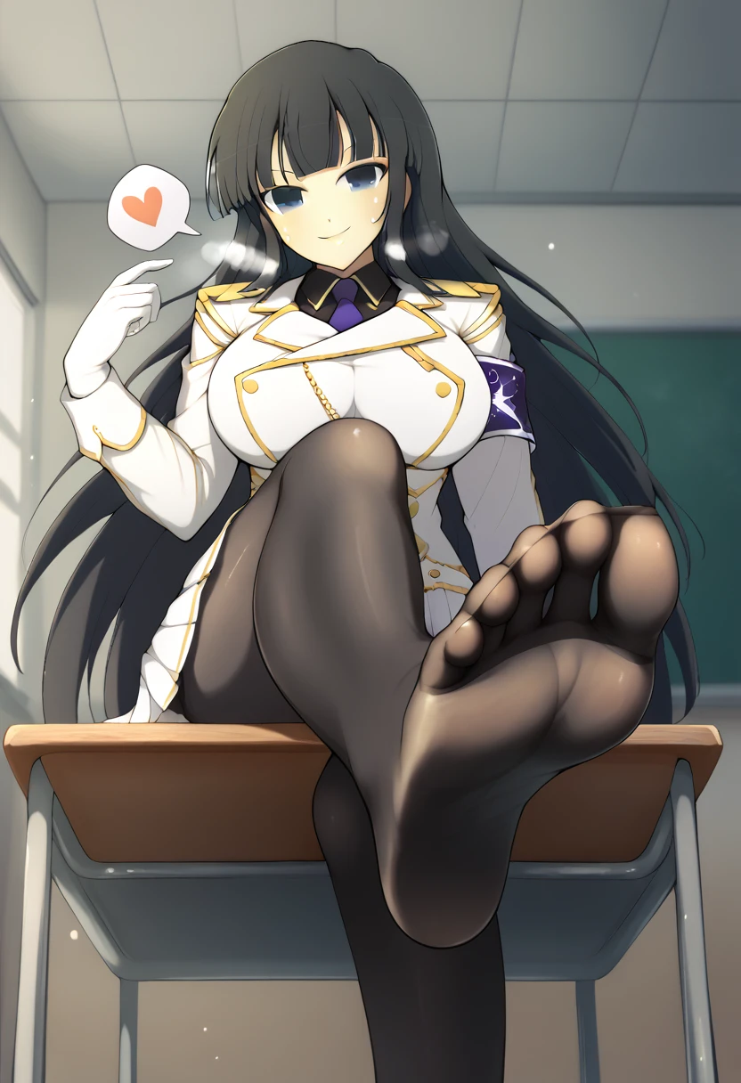 yaegashi nan, senran kagura, senran kagura burst, senran kagura new link, Ikaruga_XL, long black hair, blunt bangs, hime cut, dark blue eyes, large breasts,
Ikaruga_Shinobi, white military uniform, golden buttons, golden epaulettes, black shirt, purple tie, long sleeves, armband, white gloves, white pleated skirt, {{{black pantyhose}}}, classroom, Sitting at the school desk, Low Angle, Foot Focus, Perfect feet, Anatomically correct, kind smile, spoken heart, {{{vulgarity}}}, breath, heavy breathing, breathless, foot sweat, foot perspired, foot humid, looking down at viewer,