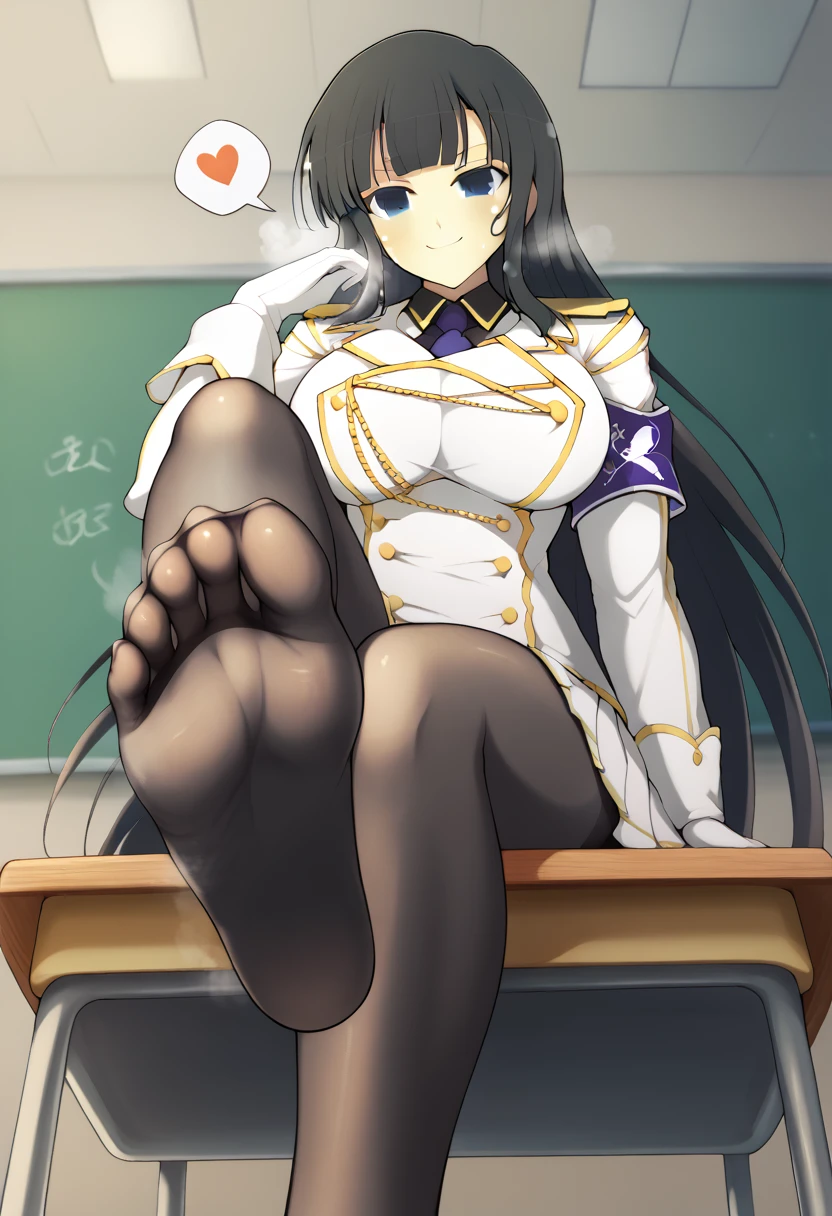 yaegashi nan, senran kagura, senran kagura burst, senran kagura new link, Ikaruga_XL, long black hair, blunt bangs, hime cut, dark blue eyes, large breasts,
Ikaruga_Shinobi, white military uniform, golden buttons, golden epaulettes, black shirt, purple tie, long sleeves, armband, white gloves, white pleated skirt, {{{black pantyhose}}}, classroom, Sitting at the school desk, Low Angle, Foot Focus, Perfect feet, Anatomically correct, kind smile, spoken heart, {{{vulgarity}}}, breath, heavy breathing, breathless, foot sweat, foot perspired, foot humid, looking down at viewer,