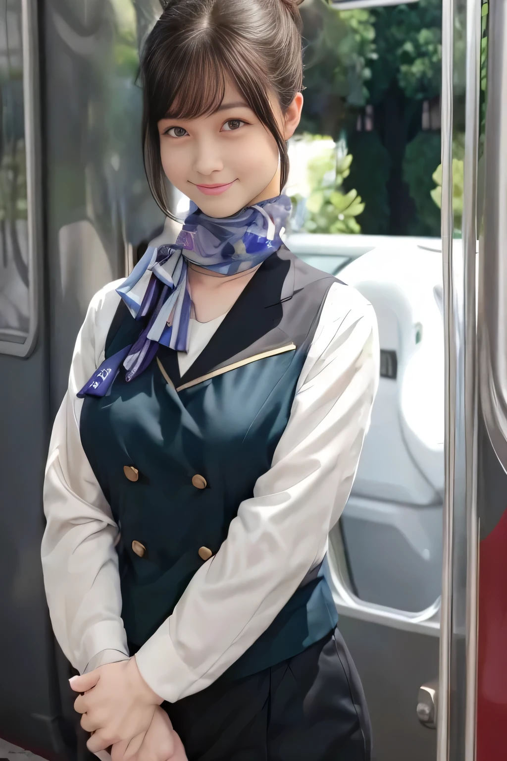 (masterpiece:1.2, Best Quality:1.2), 32K HDR,  Kampala, (Alone、 1 girl)、（on board、 Professional Lighting）、In-flight background、（Nankai Train crew uniformを着たリアルスタイル）、（（ Nankai Train Crew Uniform Collarless Blouse Long Sleeve 、  Black Curled Culottes Skirt 、Scarf around the neck））、 dark brown hair、（ long hair、Hair tied up、 summary hair ）、 dark brown hair、 LONG SHOT 、Big Breasts、Thin legs、（（Great hands：2.0）），（（ Harmonious Body Proportions：1.5）），（（Normal limbs：2.0）），（（Normal finger：2.0）），（（Delicate eyes：2.0）），（（Normal eyes：2.0））)、smile、（Nankai Train crew uniformを見せた美しい姿）、Hands clasped underneath
