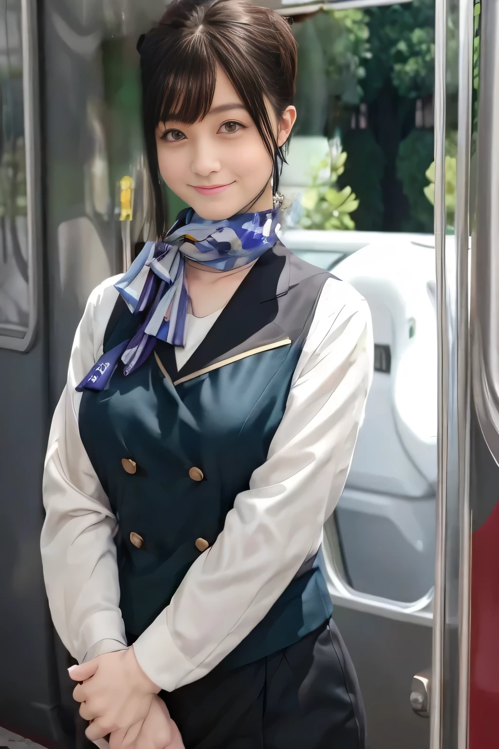 (masterpiece:1.2, Best Quality:1.2), 32K HDR,  Kampala, (Alone、 1 girl)、（on board、 Professional Lighting）、In-flight background、（Nankai Train crew uniformを着たリアルスタイル）、（（ Nankai Train Crew Uniform Collarless Blouse Long Sleeve 、  Black Curled Culottes Skirt 、Scarf around the neck））、 dark brown hair、（ long hair、Hair tied up、 summary hair ）、 dark brown hair、 LONG SHOT 、Big Breasts、Thin legs、（（Great hands：2.0）），（（ Harmonious Body Proportions：1.5）），（（Normal limbs：2.0）），（（Normal finger：2.0）），（（Delicate eyes：2.0）），（（Normal eyes：2.0））)、smile、（Nankai Train crew uniformを見せた美しい姿）、Hands clasped underneath
