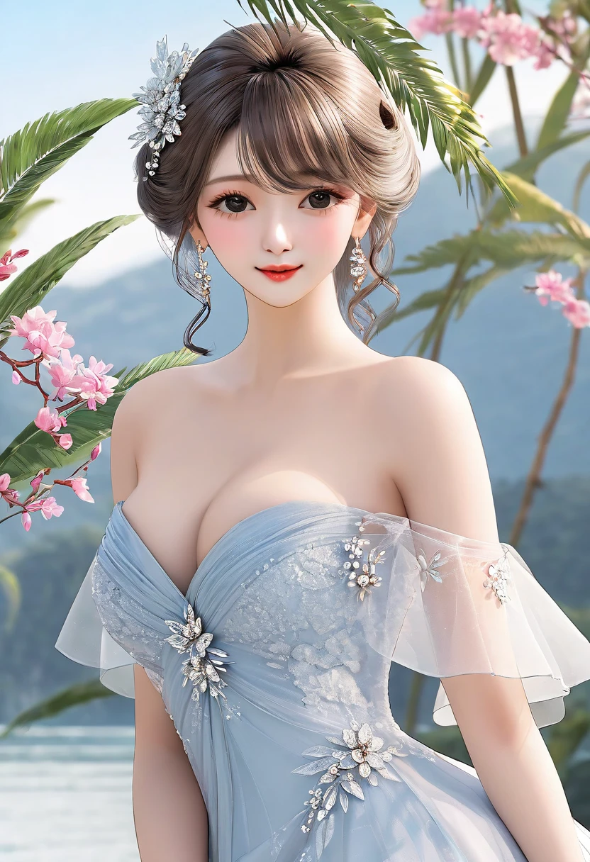 Super beautiful, high resolution, masterpiece, super realistic, a sunny beautiful beauty, elegant and generous, 22 years old, delicate collarbone, beautiful and delicate face, smile, beautiful big eyes, smart and spiritual, perfect body, back, completely close to the flesh tight tulle skirt, ultra-thin and tight, see-through,