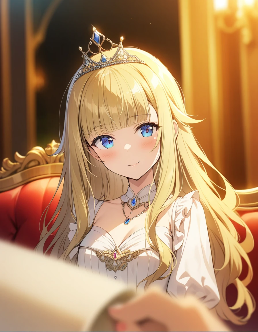 ((Best quality))),((Ultra-detailed)),((illustration)),((Disheveled hair)),((frilld)),(1 girl),(Solo),1girl,bangs,blonde_hair,blunt_bangs,blurry,blurry_foreground,bow,crown,depth_of_field,dress,indoors,jewelry,long_hair,pov,sitting,smile,solo_focus,tiara,rating:safe,Princess_dress,