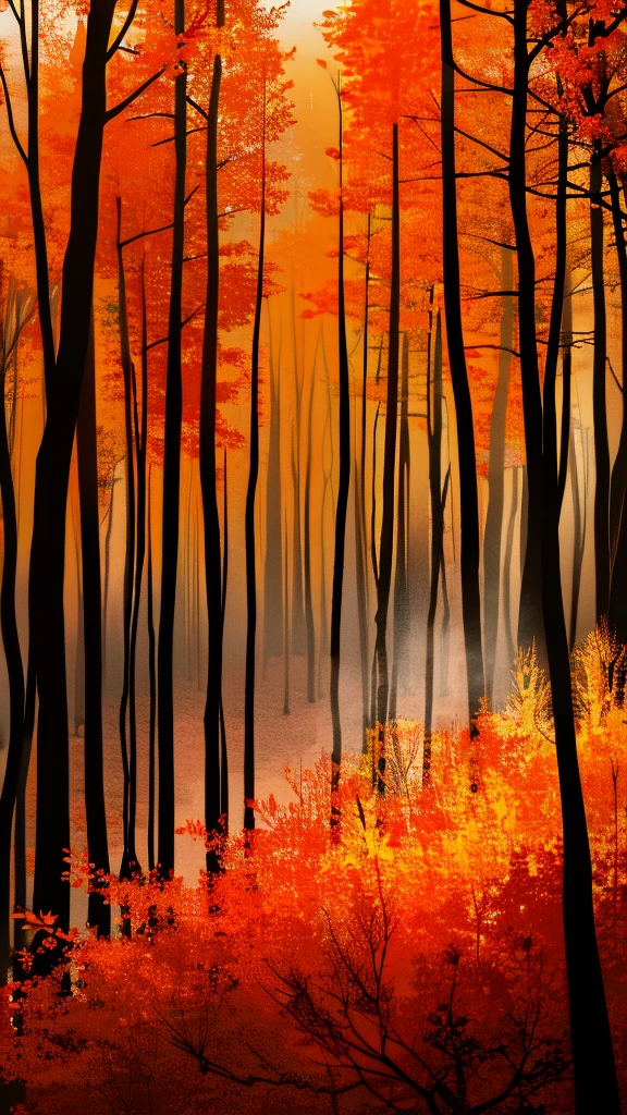 A forest that appears to be made of fire, yet without burning. The trees have bark the color of glowing embers, and their leaves flicker in shades of red, orange, and gold, as if they are flames frozen in time. The sky above is a deep crimson, with dark clouds swirling ominously. The forest floor is covered in black ash, but from this ash, small, glowing flowers bloom in vivid shades of red and yellow. Despite the fiery appearance, the air is cool, and the forest is eerily silent, save for the occasional crackle of energy in the air. The atmosphere is both dangerous and mesmerizing, as if the forest is a living embodiment of fire’s beauty and power.