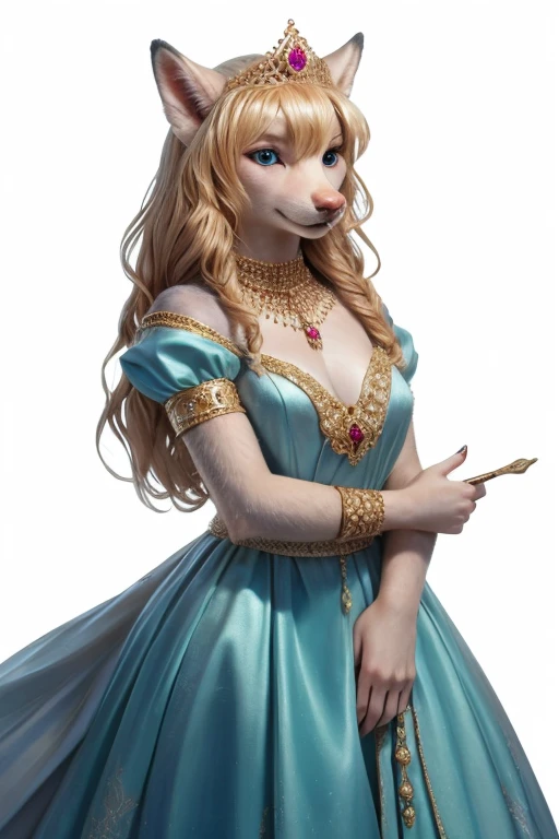 photo RAW, Realistic, fille à fourrure de loup,blond,long hair,regardant le spectateur, Crossed Fringe,blue eyes, very detailed gray fur {x} highly detailed eyes by Glacierclear,  by Ulitochka , par levelviolet, by zephyxus , ( high resolution )1.2,( princess jewelry )1.2,  princess dress ,zootopie, pattes de fourrure (white background)1.1,masterpiece, high resolution ,8k,(sharp)1.15