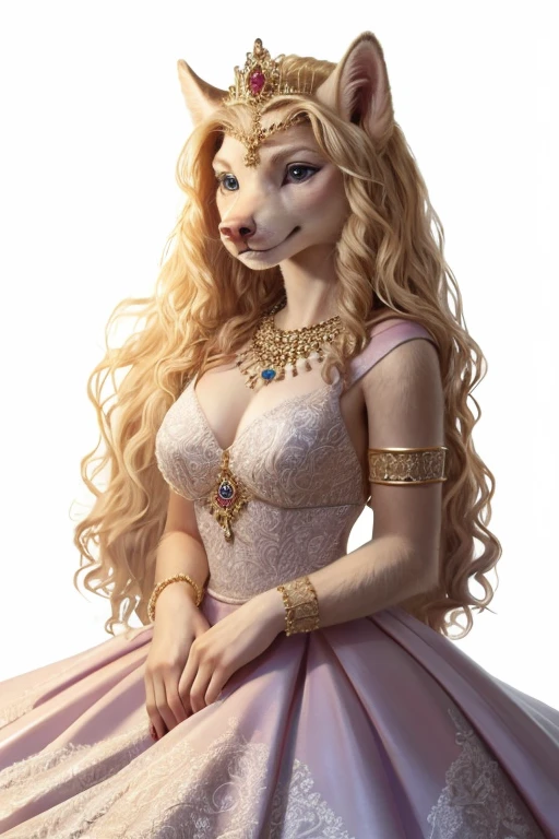 photo RAW, Realistic, fille à fourrure de loup,blond,long hair,regardant le spectateur, Crossed Fringe,blue eyes, very detailed gray fur {x} highly detailed eyes by Glacierclear,  by Ulitochka , par levelviolet, by zephyxus , ( high resolution )1.2,( princess jewelry )1.2,  princess dress ,zootopie, pattes de fourrure (white background)1.1,masterpiece, high resolution ,8k,(sharp)1.15