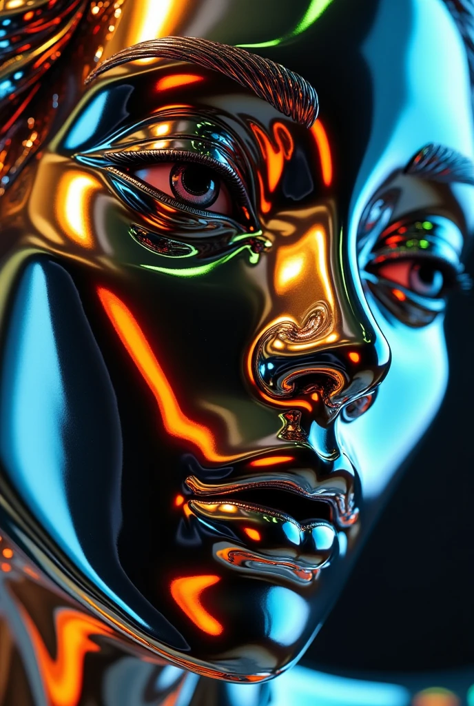 A shinny Stainless steel statue of a beautiful woman with delicate feminine traits, close up portrait, the eyes balls and teeth are made of stainless steel, the statue has reflections of line lights of different colors, dynamic escene, cinematic, rgb lights