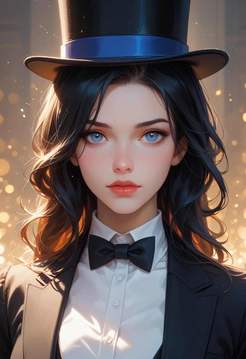 looking at viewer, detailed background, Cinematic Lighting, film grain, score_9, score_8_up, score_7_up, masterpiece, best quality, highly detailed, glowing, Expressiveh, th3rm4l, colorful, 1girl, solo, very sexy (Zatanna, magician, black hair, top hat, bowtie, white shirt, tuxedo jacket:1.1), sexy stare, extreme detail, Masterpiece, Best Quality, beautiful, high res image, rating_safe, (face portrait, close-up shot:1.2).