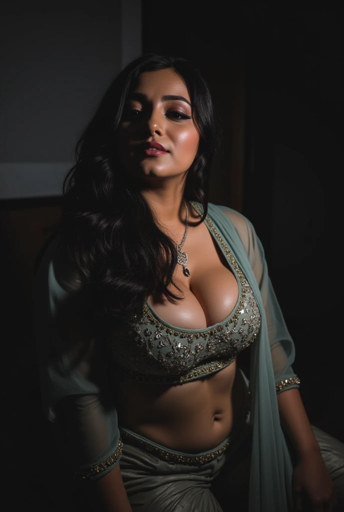 a low angle shot, the camera positioned below the subject’s waistline, giving a dramatic, towering perspective, looking upward towards indian girl dressed in a traditional Punjabi outfit, a random-colored salwar kameez with a U-shape plunging neckline reveal a tantalising cleavage. Her Large breasts dominate her upper body frame by filling up her enter chest in an exaggerated manner. The kameez (tunic) has seamless design, featuring three-quarter sleeves with detailing at the hemline. The fitted clothing reveals her nipple p0k13s and emphasises her voluminous cleavage and gives the outfit a more sensual and provocative feel. The kameez gracefully overlays the salwar salwar (pants) which is loose-fitting in a matching color, designed with a traditional pleated style. Her dupatta (scarf) is a lighter shade, adding contrast to the look, and is lightweight, draped around her neck. It loops around the front, covering the neckline, and the ends of the dupatta fall toward her back, with the fabric cascading down her back and shoulders,